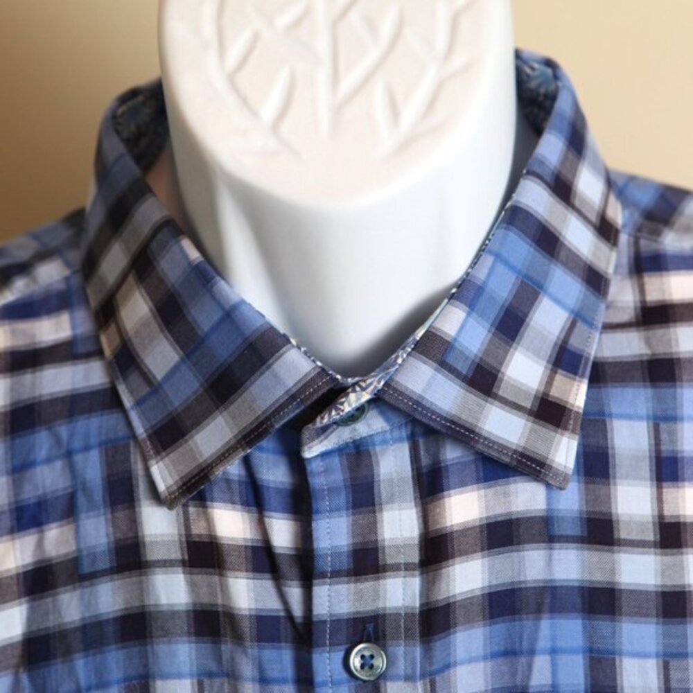 👔 Bugatchi Men’s Blue & White Contrasting Flip Cuff Dress Shirt L EUC 🔥